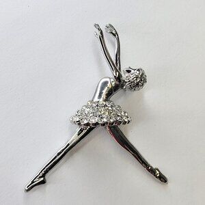 Rhinestone Ballet Dance Brooch Pin Silver tone Dancer Brooch
